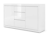 BIM Furniture Commode Bello Bianco III 150 cm Buffet haut Armoire Blanc mat/blanc brillant Deux étagères, trois tiroirs italiens