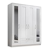 SALIAS Armoire avec porte miroir, Blanc - Armoire polyvalente 4 portes pour votre chambre à coucher - 157 x 191 x 51 cm