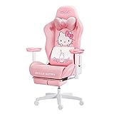 AutoFull Hello Kitty Chaise de Jeu Rose à Dossier Haut Ergonomique avec Support Lombaire, Chaise de Travail en Cuir PU de Style Course avec Repose-Pieds