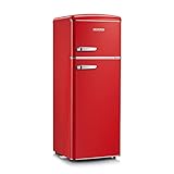 SEVERIN Réfrigérateur Congélateur 2 portes, Pose libre, Largeur 55 cm, 206L, Classe E, Veggibox incluse, Rétro, Rouge, RKG 8930