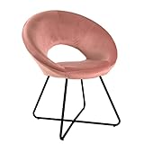 Fauteuil rembourré rond en velours rose poudré avec pieds en fer noir - Fauteuil de bureau ou de salle à manger, super confortable et ergonomique, 71 x 59 x 84 cm