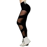 WOZOW Pantalon De Gymnastique Actif Féminine Haute élasticité pour Femmes Legging Noir Court Taille avec Mailles Effet Transparent Poches Latérales Sport Fitness(Noir,M)