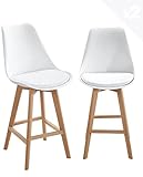 KAYELLES Lot de 2 chaises de Bar Scandinaves avec Coussin - Tabouret de Bar Bois TIKA (Blanc)
