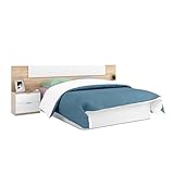 Tête de lit + deux tables de chevet, Modèle Alaya, Fini en blanc Artik et chêne canadien, Mesures : 247 cm (L) x 50 cm (H) x 38 cm (P)