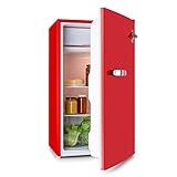 KLARSTEIN Beercracker - réfrigérateur 90 litres, compartiment congélateur, bac à légumes, 3 compartiments, décapsuleur intégré, 2 clayettes en verre - rouge