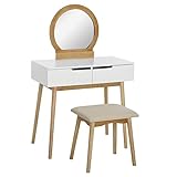 HOMCOM Coiffeuse Design scandinave Table de Maquillage avec Miroir, 2 tiroirs et Tabouret Blanc pin Clair