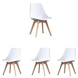 N/A Lot de 4 chaises de salle à manger scandinaves Chaise de bureau tapissée avec tulipes rétro avec pieds en chêne massif et coussin imitation cuir (Blanc)