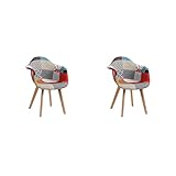 HJhomeheart Lot de 2 Chaises de Salle à Manger en Tissu Patchwork avec Accoudoirs, Fauteuil Design Moderne, Chaise de Cuisine Scandinave en Bois de Hêtre (Rouge)