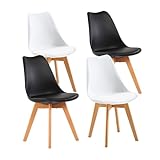EGGREE - Lot de 4 chaises pour salle à manger/bureau, avec pieds en hêtre massif, sans accoudoirs, rembourrées, au design pour un confort maximum, blanc + gris