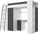 FurnitureByJDM Lit Mezzanine avec Bureau, Armoire et bibliothèque - VERANA Gauche - (Artisanat Blanc - Graphite)