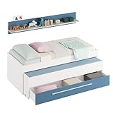 Habitdesign Lit gigogne pour jeunes, deux lits et un tiroir, modèle WIC, finition en blanc et bleu alpin, mesures : 200 cm (L) x 69 cm (H) x 96 cm (P)