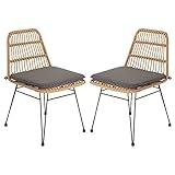 Lot de 2 chaises de jardin ENJOY en imitation rotin, fauteuil d'extérieur pour terrasse ou balcon en polyrattan résistant aux UV et 4 pieds en métal anti-rouille laqué noir, coussin d'assise gris