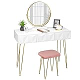 EUGAD Coiffeuse Table avec Tabouret Velours et Miroir pivotant à 360°,Table cosmétique à 3 tiroirs Effet 3D,Blanc+Or 0016SZT