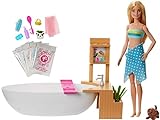 Barbie Bien-être coffret Bain Coloré avec poupée blonde, baignoire, figurine chiot et accessoires, jouet pour enfant, GJN32
