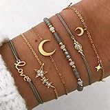 Yean Lot de 6 bracelets style Boho faits à la main à plusieurs couches en forme de lune, d’étoile et de cristal pour femmes et filles Doré