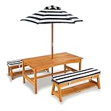 KidKraft 106 Ensemble table et banc d’extérieur en bois avec coussins et parasol - Meubles de jardin pour enfants - Rayures bleu marine & blanches