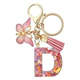 Porte-clés en résine avec lettre anglaise - Bijoux populaires en forme de papillon - Porte-clés à paillettes compatible avec la masse avec alarme, D
