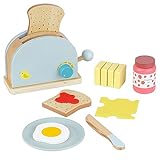 Baroni Toys Set Grille-Pain en Bois Montessori 10 Accessoires, Jeu en Bois pour la Préparation des Toasts, Jeux en Bois pour Enfants, Appareil Ménager Jouet de 3 à 7 Ans, 15x6.5x11 cm