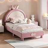 Lit capitonné avec oreilles de lapin - Tête de lit ronde - Cadre de lit simple pour enfants filles garçons adolescents - Sommier à lattes en bois - 90 x 200 cm - Rose