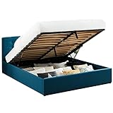 HOMIFAB Lit Coffre 160x200 en Tissu Bleu Canard avec tête de lit et sommier à Lattes - Collection Tina