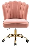 Chaise de bureau ergonomique et confortable - Chaise de bureau rembourrée en tissu velours avec cadre doré pour filles - Pivote à 360 ° en hauteur réglable - Rose poudré M-6311