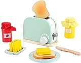JUWUGU Toys Ensemble grille-pain en bois avec accessoires de petit-déjeuner pour la cuisine des enfants et des magasins, jouets pour enfants à partir de 3 ans, blanc, bleu, rouge, jaune..