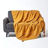 HOMESCAPES Jeté de lit ou de canapé en 100% Coton tissé Main - Rajput - Jaune Moutarde - 150 x 200 cm