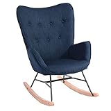 MEUBLE COSY Fauteuil à bascule style Rocking chair - Style Scandinave - Tissu bleu marine - Pieds en véritable bois de hêtre , Bleu Tissu /Bleu foncé Tissu