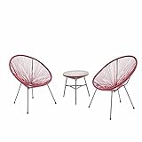 Alice's Garden - Lot de 2 fauteuils Acapulco Forme d'oeuf avec Table d'appoint - Bordeaux - Fauteuils 4 Pieds Design rétro. avec Table Basse. Cordage Plastique