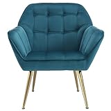 chairus Fauteuil Scandinave de Salon avec Pieds en Métal Modern Chaise de Chambre Capitonné en Velours (Bleu-1)