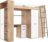 FurnitureByJDM Lit Mezzanine avec Bureau, Armoire et bibliothèque - VERANA Droit - (Chêne Sonoma - Blanc)
