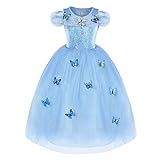 URAQT Fille Robe Papillon Cinderella Princess Robe La Reine des Neiges Elsa Costume Bleu, Bleu, 120 pour les 4-5 ans