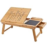 SONGMICS Table d’Ordinateur Pliable, Support d’Ordinateur, Bambou Naturel, Tablette Réglable, Encoche, Tiroir, 55 x 35 x 23cm LLD006