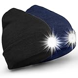 Lot de 2 Bonnets à LED avec lumière intégrée - Unisexe - Tricot Lumineux - Chaud et Confortable en Hiver - pour Promenade de Chien en Plein air, Camping, Cyclisme, Camping (Noir et Bleu Marine)