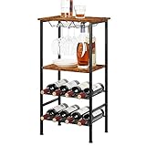 YBING Casier à vin autoportant avec support pour verres et table pour 8 bouteilles de vin en bois avec supports à 4 niveaux, support de rangement pour bouteilles de vin, marron rustique..