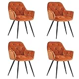 JaHECOME Lot de 4 fauteuils de salon, chaise de salle à manger en tissu (velours), couleurs au choix, design rétro, avec accoudoirs, fauteuil avec dossier, pieds en métal, noir / orange