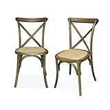 Alice's Home - Lot de 2 chaises de bistrot en Bois d'hévéa Marron Vieilli. Vintage. Assise en rotin. empilables