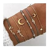 Edary Lot de 6 bracelets boho Étoiles et lune en perles et pierres précieuses bracelet fait à la main chaîne de main pour femmes et fille