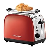 Russell Hobbs Grille pain [Pour 2 tranches] Colours Plus Inox rouge (fentes extra larges, 6 niveaux de brunissage rapide, surélévation et contrôle, décongélation, réchauffage, 1600W) Toaster 26554-56