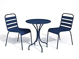 Vente-unique Salle à Manger de Jardin en métal - Une Table D.60cm et 2 chaises empilables Bleu Nuit - MIRMANDE