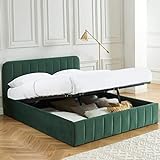 HOMIFAB Lit Coffre 160x200 cm en Velours Vert avec tête de lit + sommier relevable à Lattes - Ava