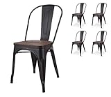 Kosmi - Lot de 4 chaises en métal Noir et Assise en Bois foncé - Style Industriel