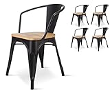 Kosmi - Lot de 4 chaises en métal Noir Mat Style Industriel Factory avec Assise en Bois Naturel Clair, Fauteuils industriels avec accoudoirs