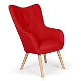Chaise/Fauteuil Scandinave Rouge Capitonné | Assise Confortable en Tissu et Pieds en Bois | Modèle Klarys | L67 x P75 x H100 cm