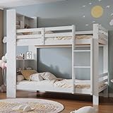 KecDuey Lit pour enfant 90 x 200 cm - Lit superposé blanc avec étagères et échelle à trois niveaux à angle droit - Espace de rangement - Cadre de lit en bois massif