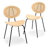 HOMASIS Lot de 2 chaises de salle à manger, de cuisine, avec dossier en rotin, chaises de bar en bois et métal, pour cuisine, salle à manger, salon, 47 x 47 x 83 cm, naturel