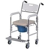 Chaise percée à roulettes - fauteuil roulant percé - chaise de douche - seau amovible, accoudoirs, repose-pied - acier chromé HDPE blanc