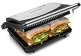 Aigostar York – Appareil grill, 800W, Ouverture à 180º pour Deux Superficies de Cuisson, Plaques Antiadhérantes: 23 x 14,3 cm. Machine panini, Sandwichs 0% BPA. Poignée de Toucher Froid.