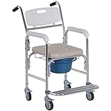 HOMCOM Chaise percée à roulettes - fauteuil roulant percé - chaise de douche - seau amovible, accoudoirs, repose-pied - acier chromé HDPE blanc