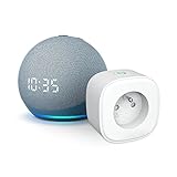 Echo Dot (4e génération) avec horloge, Bleu-gris + Meross Smart Plug (Prise connectée WiFi), Fonctionne avec Alexa - Kit de démarrage Maison connectée